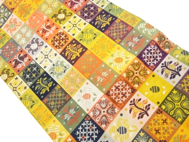 格子に草花模様織出し名古屋帯
